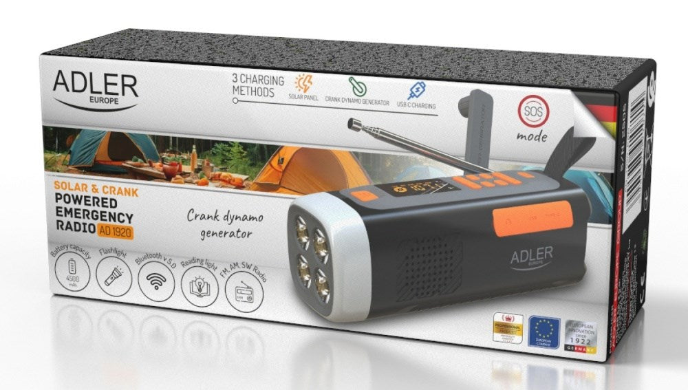 Adler AD 1920 Emergency radio Solar panel / Crank / Powerbank 4500 mAh Black