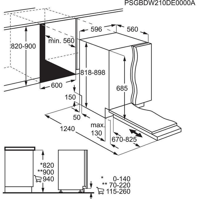 Built-in dishwasher AEG FSE75768P***, 14 place settings, 600 W, mm, B