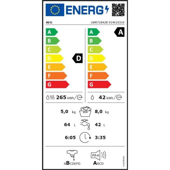 Washing machine with dryer AEG LWR71842B, 8/5 kg, ProSteam®, 1400 rpm.