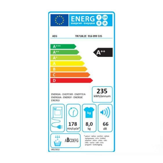 Dryer AEG TR718L2E, 8 kg, E, Heat pump