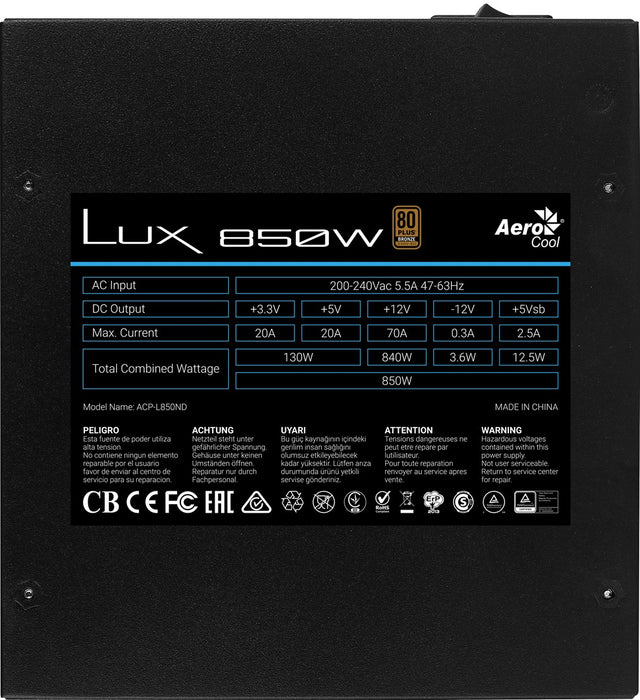 Aerocool LUX850 PC Power Supply 850W 80 Plus Bronze 230V 88% Efficiency Black