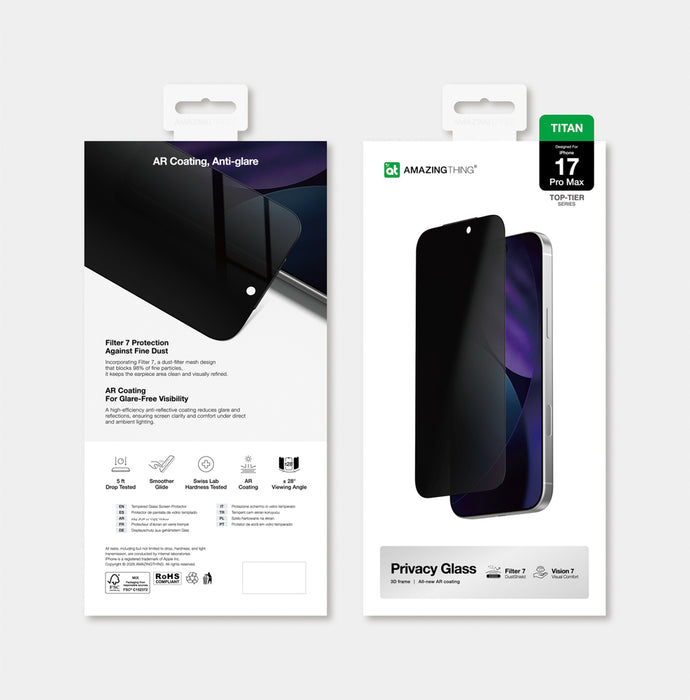 AmazingThing Titan Vision 7 Tempered Glass for iPhone 17 Pro Max Privacy