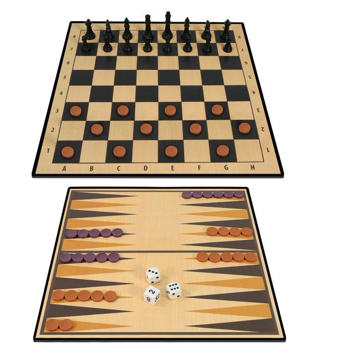 AMBASSADOR 3 IN 1 GAME BOARD - CHESS, CHECKERS, BACKGROUND