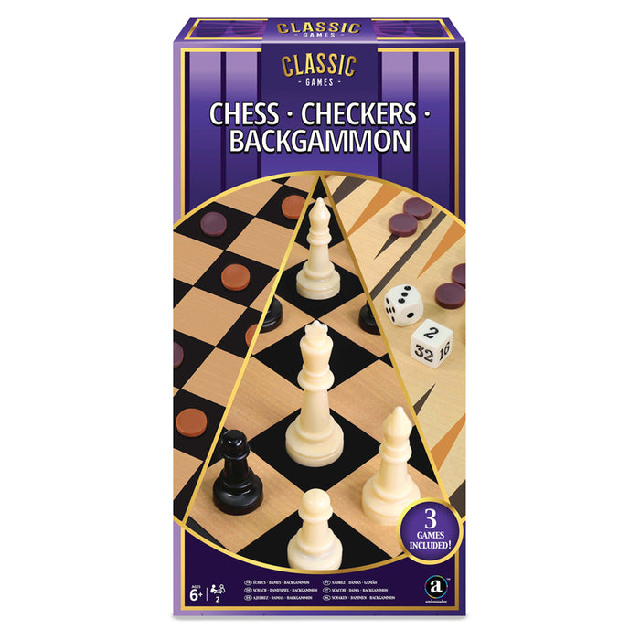 AMBASSADOR 3 IN 1 GAME BOARD - CHESS, CHECKERS, BACKGROUND