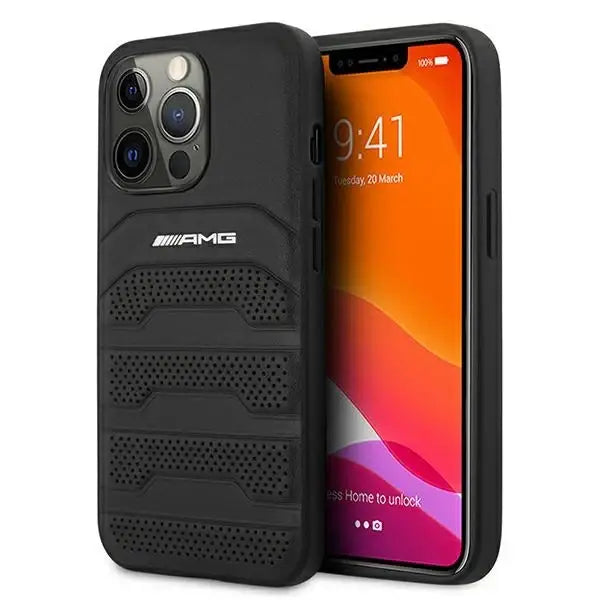 AMG AMHCP13XGSEBK iPhone 13 Pro Max 6,7’’ czarny/black hardcase Leather Debossed Lines - Cell phone cases