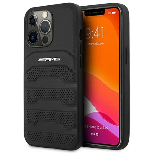 AMG AMHCP14LGSEBK iPhone 14 Pro 6.1 ’black / black hardcase Leather Debossed Lines - Cell phone cases
