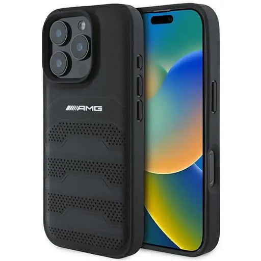 AMG Leather Debossed Lines Black Logo iPhone 16 Pro Case - Black - Cell phone cases and covers<<<HurtelXML
