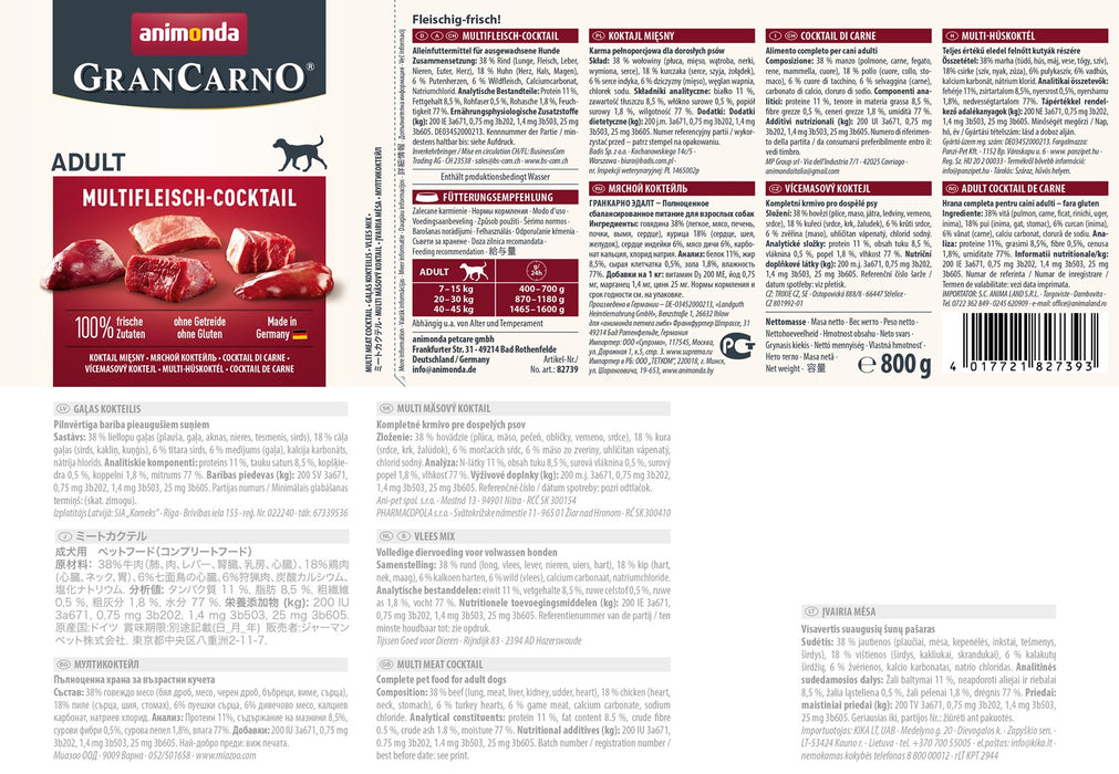 animonda GranCarno multi meat cocktail Beef, Chicken, Game, Heart, Turkey Adult 800 g