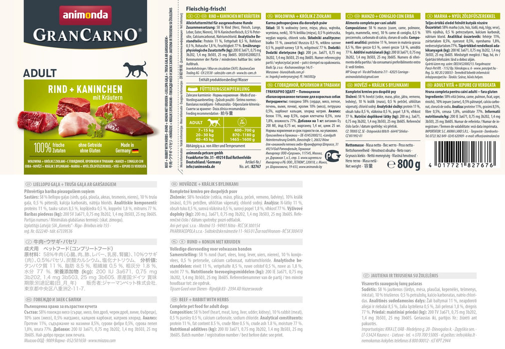 ANIMONDA GranCarno Adult Beef, rabbit and herbs - wet dog food - 800g