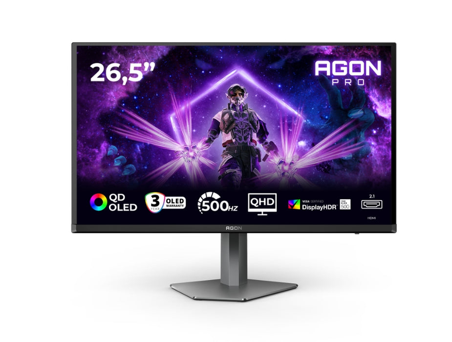 AOC AG276QKD2, 26.5" QD-OLED, 2560x1440@500Hz, 0.03ms GtG, 1000cd m/2, 1.5M:1, 80M:1 DCR, Adaptive Sync, Low Blue Light, FlickerFree, 5Wx2, Tilt, Height Adjust, Pivot, Swivel, 2xHDMI, DP, USB hub