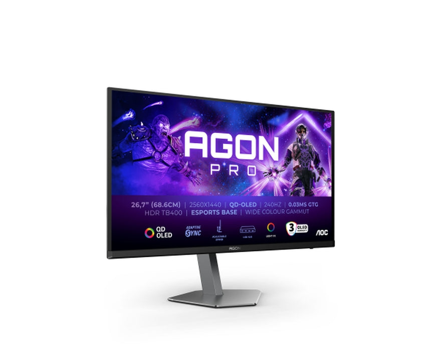 AOC AG276QZD2, 26.7" QD-OLED, 2560x1440@240Hz, 0.03GtG, 1000cd m/2, 1.5M:1, 80M:1 DCR, Adaptive Sync, FlickerFree, Low Blue Light, 5Wx2, Tilt, Height Adjust, Pivot, Swivel, 2xHDMI, 2xDP, USB hub