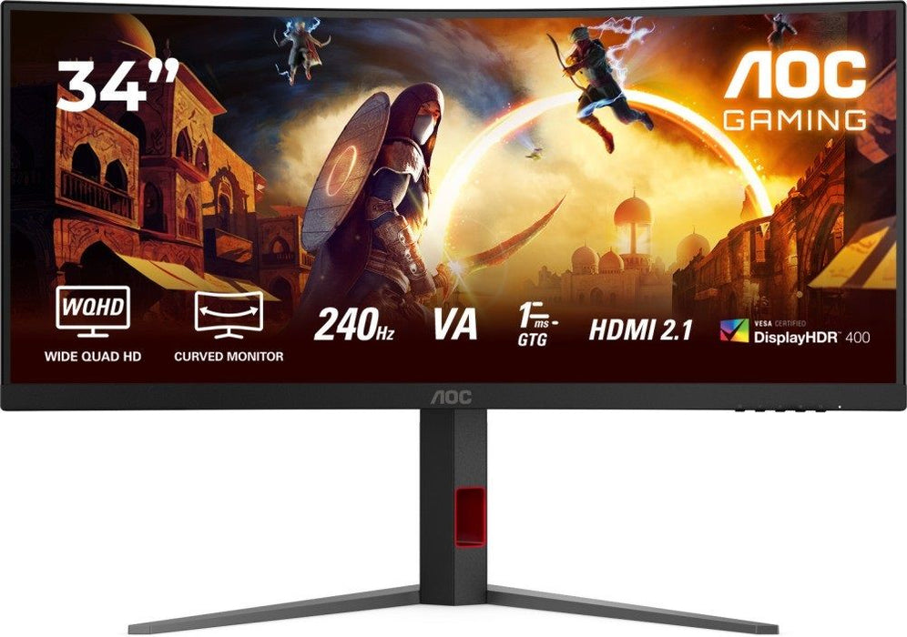 AOC CU34G4Z, 34" Curved 1500R, VA, WLED, 3440x1440@240Hz, 1ms GtG, 0.3ms MPRT, 450cd m/2, 2500:1, 80M:1 DCR, Adaptive Sync, FlickerFree, Low Blue Light, Tilt, Height Adjust, Pivot, Swivel, 2xHDMI, DP, USB hub