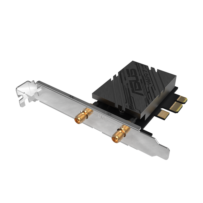 ASUS PCE-BE92BT WiFi 7 PCI-e wireless adapter with two external antennas and Bluetooth 5.4