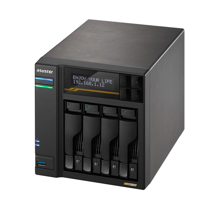 NAS Asustor AS6804T; Tower; 4x (3.5" SATA HDD/ 2.5" SSD); AMD Ryzen Embedded V3C14; 16G ECC DDR5 SODIMM (max. 64GB), 2x 10GbE, 2x 5GbE, 4x M.2 2280 NVMe PCIe 4.0, 2x USB4, 2x USB 3.2 Gen, 1x optional 10 GbE card