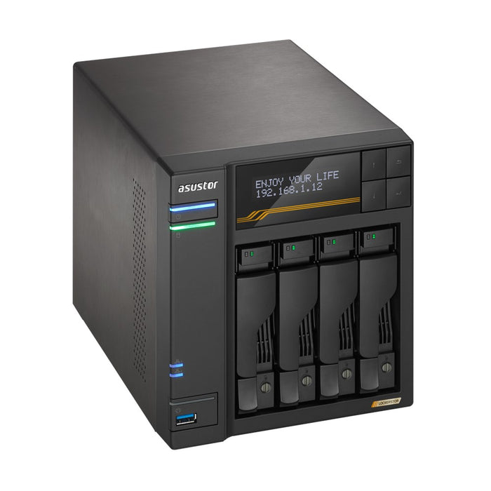 NAS Asustor AS6804T; Tower; 4x (3.5" SATA HDD/ 2.5" SSD); AMD Ryzen Embedded V3C14; 16G ECC DDR5 SODIMM (max. 64GB), 2x 10GbE, 2x 5GbE, 4x M.2 2280 NVMe PCIe 4.0, 2x USB4, 2x USB 3.2 Gen, 1x optional 10 GbE card