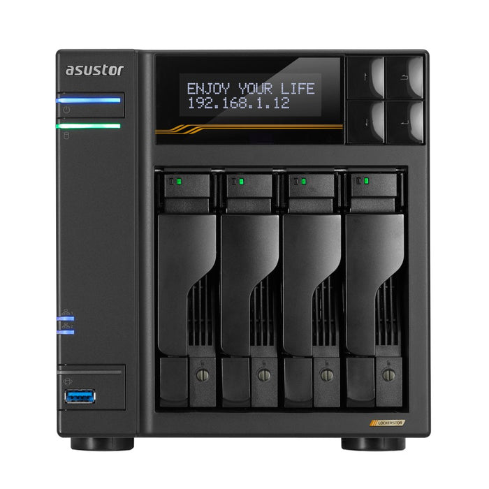 NAS Asustor AS6804T; Tower; 4x (3.5" SATA HDD/ 2.5" SSD); AMD Ryzen Embedded V3C14; 16G ECC DDR5 SODIMM (max. 64GB), 2x 10GbE, 2x 5GbE, 4x M.2 2280 NVMe PCIe 4.0, 2x USB4, 2x USB 3.2 Gen, 1x optional 10 GbE card