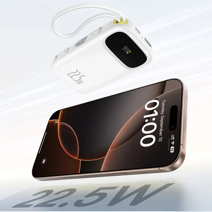 Baseus EnerFill FC31 20000mAh 22.5W Powerbank with Digital Display and 2 Built-in Cables (USB-C + Lightning) - White