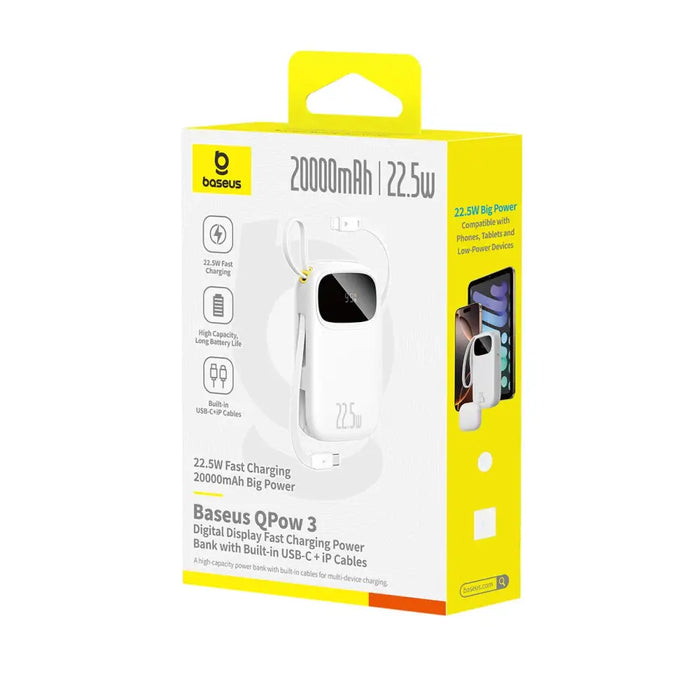Baseus EnerFill FC31 20000mAh 22.5W Powerbank with Digital Display and 2 Built-in Cables (USB-C + Lightning) - White