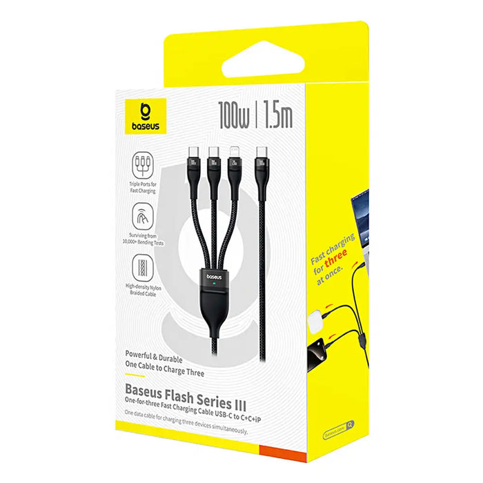 Baseus Flash Series 3 3in1 cable 100W USB-C - USB-C + USB-C+ Lightning 1.5m + 3 x 0.25 m - black - Cell phone