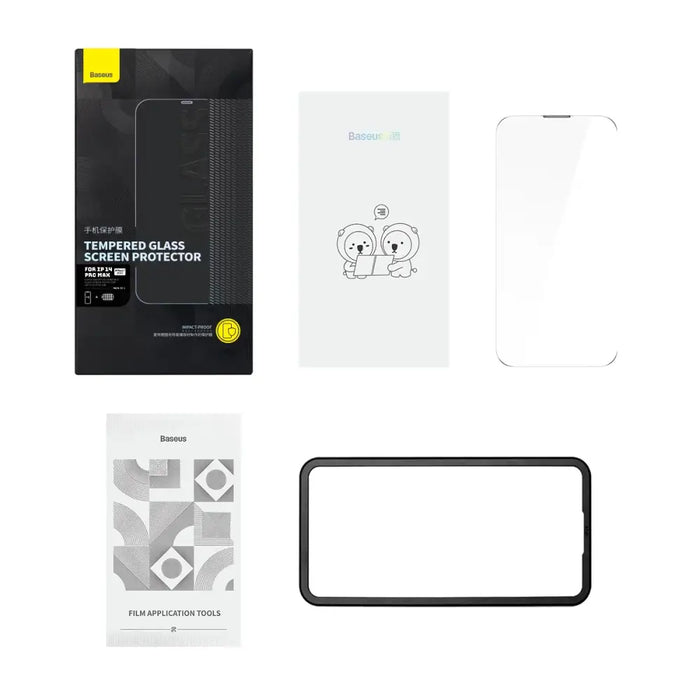 Baseus Full Screen Tempered Glass for iPhone 14 Pro Max with Speaker Cover 0.3mm + Mounting Frame - Cell phone tempered