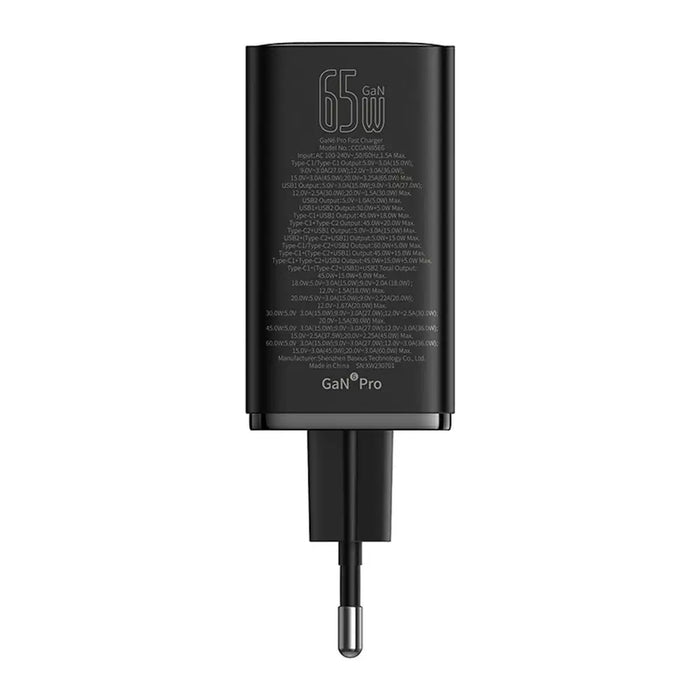 Baseus GaN6 Pro Charger 65W 2 x USB-C 2 x USB-A with Black USB-C Cable 100W 1m - Black - Cell phone USB