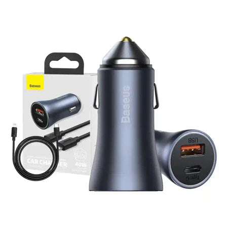 Baseus Golden Contactor Pro Car Charger USB + USB-C QC4.0+ PD SCP 40W (gray) + Cable USB-C do iP 1m (black) - Car