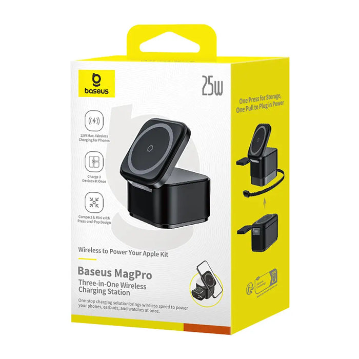 Baseus MagPro 3in1 25W MagSafe Compatible Inductive Charger for Phone and Smartwatch - Black - Cell phone USB