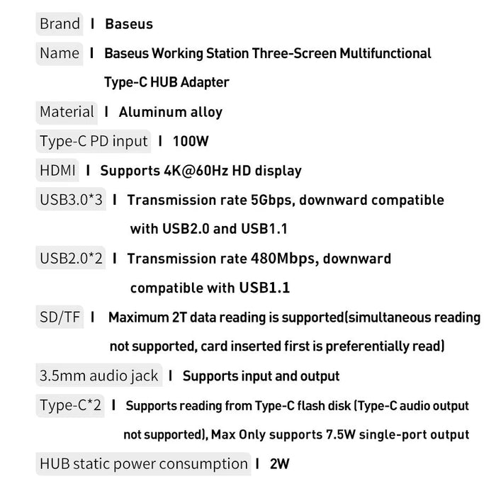 Baseus multifunctional HUB 3x USB 3.2 Gen 1 / 2x USB 2.0 / 2x USB Type C / SD and micro SD card reader / AUX / 3x HDMI
