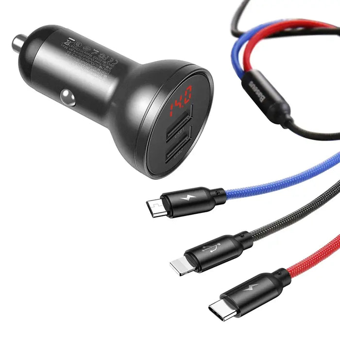 Baseus Car Charger with display 24W + Cable USB 3in1 Baseus Three Primary Colors 1,2m