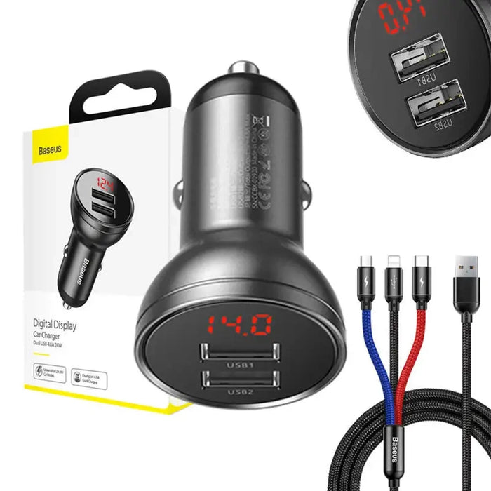 Baseus Car Charger with display 24W + Cable USB 3in1 Baseus Three Primary Colors 1,2m