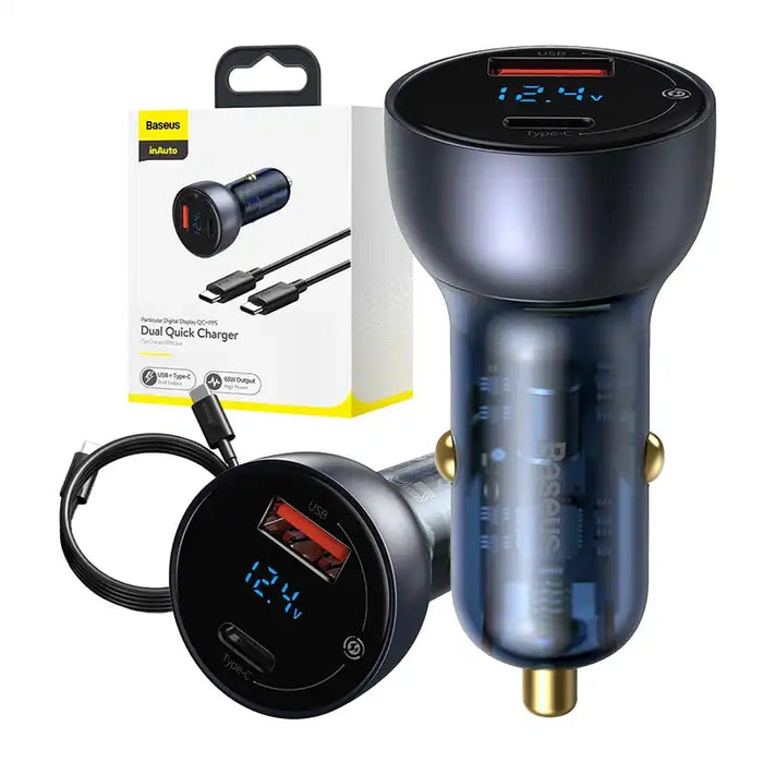 Baseus Particular Digital Display Car Charger , USB + USB-C, QC3.0+PD, 5A, 65W (gray) + Cable USB-C 1m 100W (black)