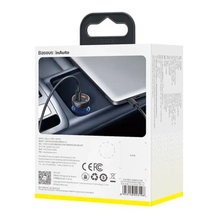 Baseus Particular Digital Display Car Charger , USB + USB-C, QC3.0+PD, 5A, 65W (gray) + Cable USB-C 1m 100W (black)