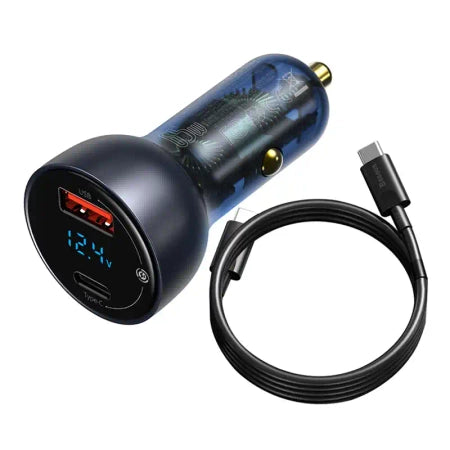 Baseus Particular Digital Display Car Charger , USB + USB-C, QC3.0+PD, 5A, 65W (gray) + Cable USB-C 1m 100W (black)