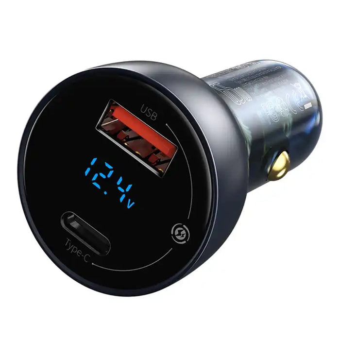 Baseus Particular Digital Display Car Charger , USB + USB-C, QC3.0+PD, 5A, 65W (gray) + Cable USB-C 1m 100W (black)