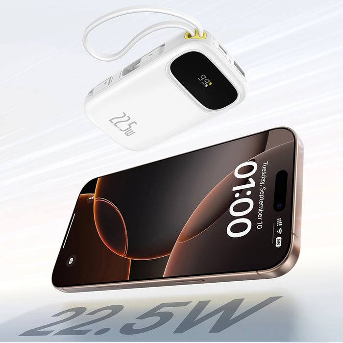 Baseus EnerFill FC31 20000mAh 22.5W Powerbank with Digital Display and 2 Built-in Cables (USB-C + Lightning) - White