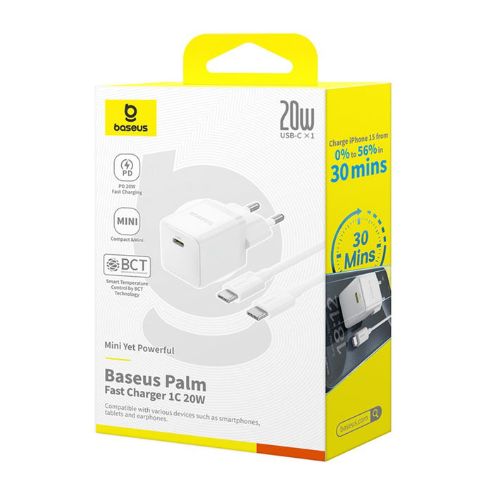 Baseus Palm 1C 20W Wall Charger (with Baseus Mini White USB-C 60W (20V/3A) 1m Cable) - White