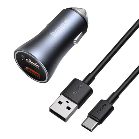 Baseus Golden Contactor Pro Car Charger 2x USB, 40W (gray) +  Cable USB to USB-C 1m (black)