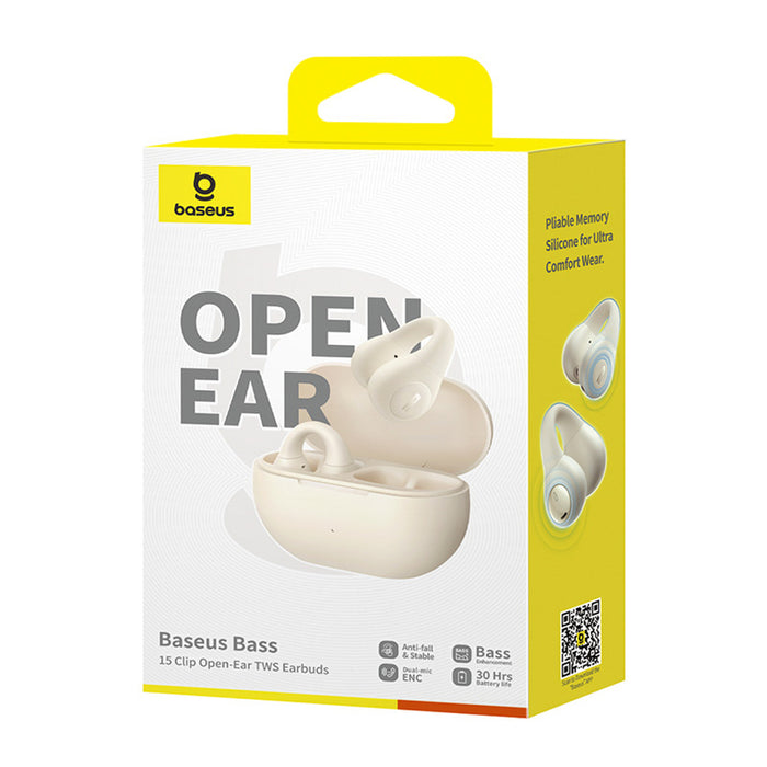 Baseus Bass 15 Clip OWS Wireless Headphones with Baseus Simple USB-C 3A 30cm Cable - White
