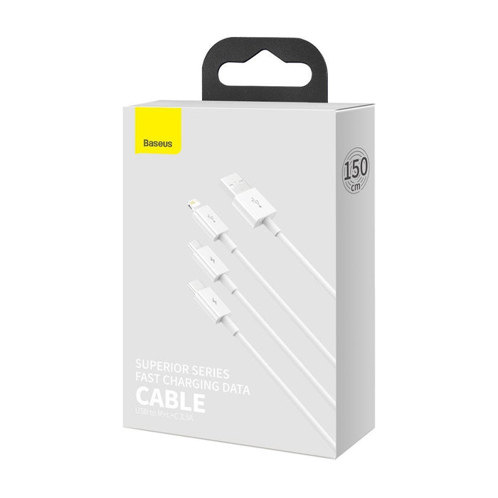 USB cable 3in1 Baseus Superior Series, USB to micro USB / USB-C / Lightning, 3.5A, 1.5m (white)