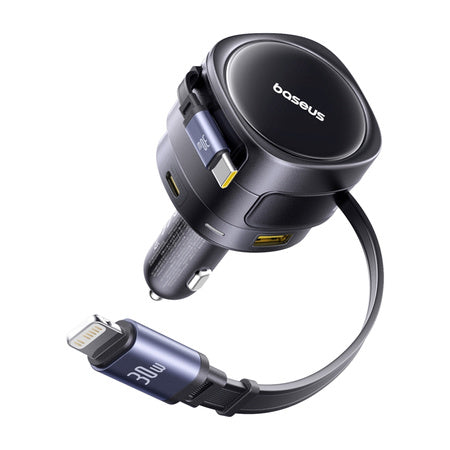Baseus Enjoyment Max car charger with USB-C+Lightning cables and USB-A+USB-C ports 90W Black