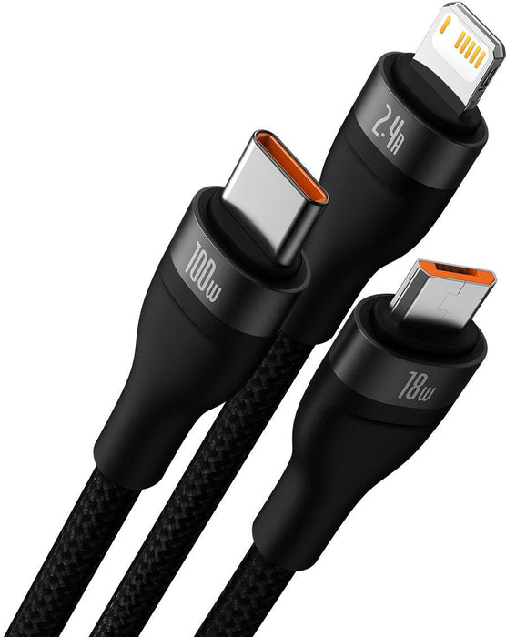 3in1 USB cable Baseus Flash Series, USB-C + micro USB + Lightning, 100W, 1.2m (black)