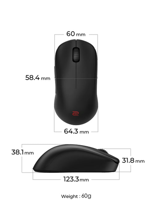 BenQ ZOWIE U2-DW 4K Wireless Mouse for Esports, Size M, 60g, up to 4000 Hz, up to 3200 DPI, Symmetrical design, Inward-curved both sides for agility during multi-angle movement, Wireless w/4K enhanced receiver, Driverless, plug and play