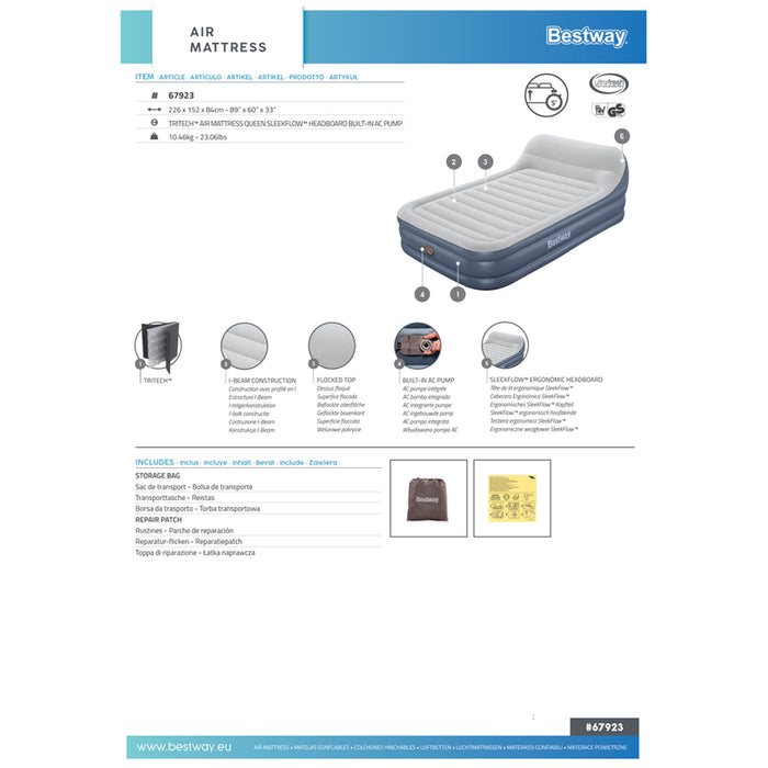 INFLATABLE MATTRESS 226X152X84CM WITH PUMP BESTWAY 67923