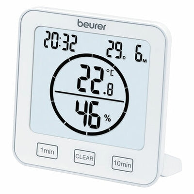 Beurer HM 22 thermo hygrometer; displays temperature relative humidity date and time; timer function; sensor buttons