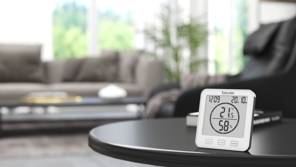 Beurer HM 22 thermo hygrometer; displays temperature relative humidity date and time; timer function; sensor buttons