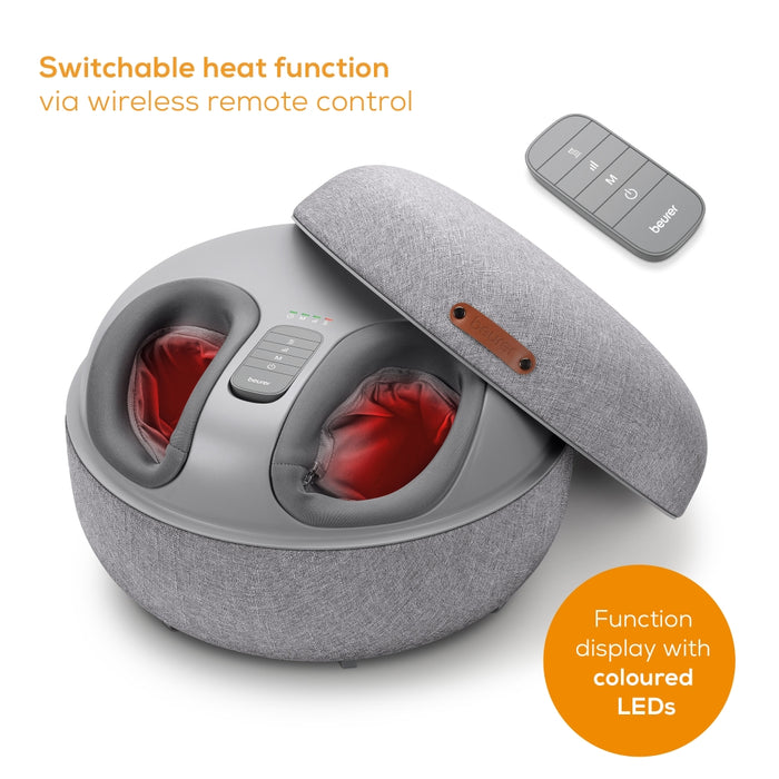 Beurer FM 120 Shiatsu foot massager + modern stool; Shiatsu and air pressure massage; Heat function; 3 massage programmes; 3 intensity levels of air compression massage; shoe size 46; washable and removable cover; wireless control