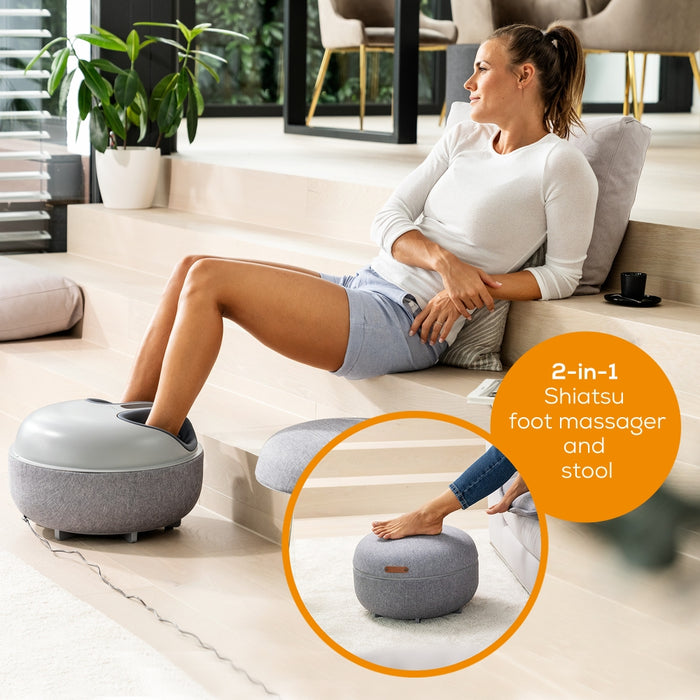 Beurer FM 120 Shiatsu foot massager + modern stool; Shiatsu and air pressure massage; Heat function; 3 massage programmes; 3 intensity levels of air compression massage; shoe size 46; washable and removable cover; wireless control