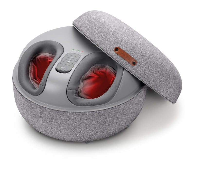 Beurer FM 120 Shiatsu foot massager + modern stool; Shiatsu and air pressure massage; Heat function; 3 massage programmes; 3 intensity levels of air compression massage; shoe size 46; washable and removable cover; wireless control