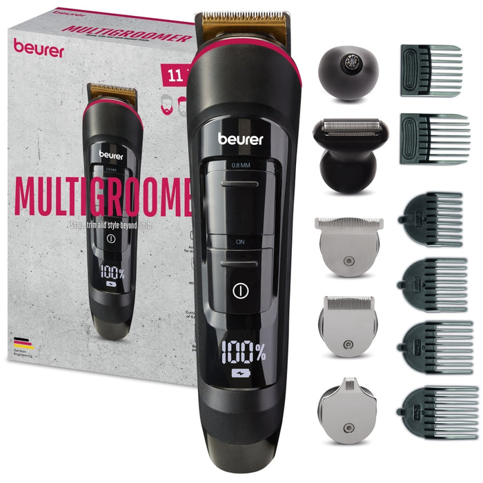 Beurer MN9X body groomer, 11 attachments with 16 cutting lengths for trimming and shaving on the entire body, Waterproof (IPX7),  Quick-charge function, LED display, Incl. practical hard case