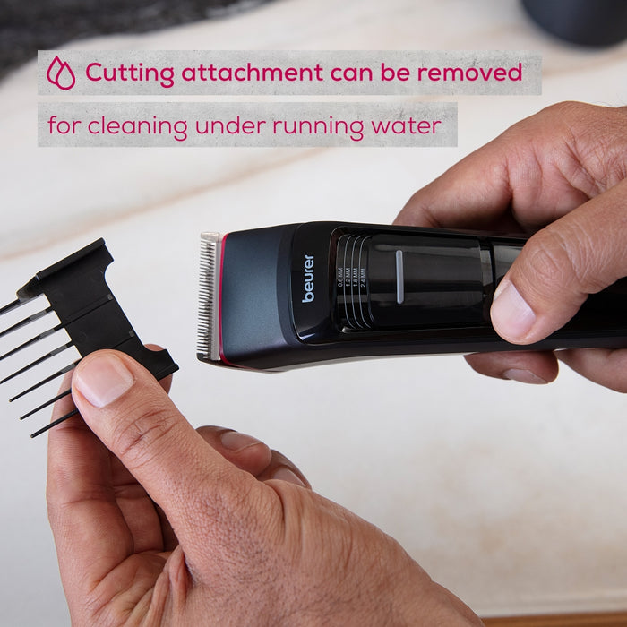 Beurer MN5X hair clipper, 7 Attachments, 6 adjustable cutting lengths and 4-stage fine adjustment, LED display with battery display, Battery and mains operation, travel lock display and charge display, storage bag